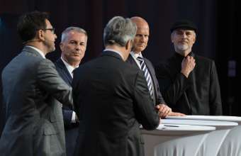Podiumsdiskussion mit Giorgio Pardini, syndicom, Marco Salvi, Avenir Suisse, Moderator Reto Lipp, Leif Agnéus, Präsident swissstaffing und Jürgen Schmidhuber, IDSIA